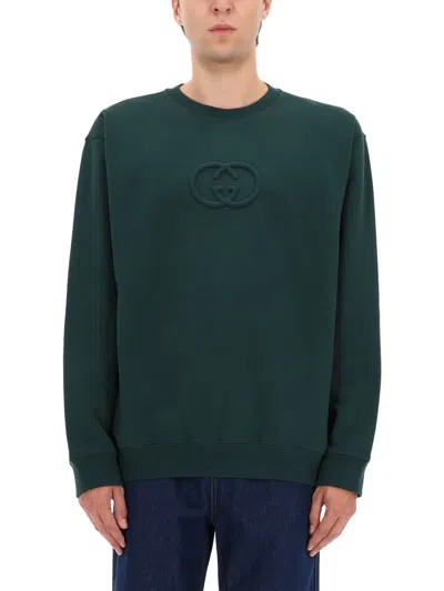 Gucci Gg Embroidered Cotton Jersey Sweatshirt In Green