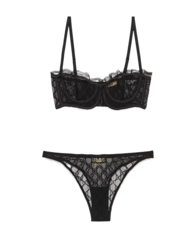 Gucci Gg Embroidered Lingerie Set In Black