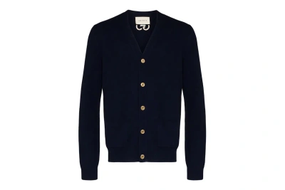 Pre-owned Gucci Gg Embroidered Logo Cardigan Navy