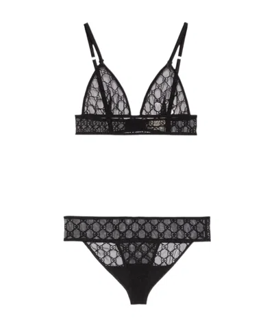 Gucci Gg Embroidered Tulle Lingerie Set In Black
