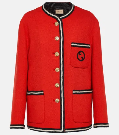 Gucci Gg Embroidered Wool-blend Tweed Jacket In Red