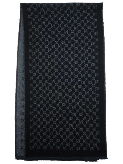 Gucci Gg Embroidered Wool Scarf With Fringed Edges In Nero
