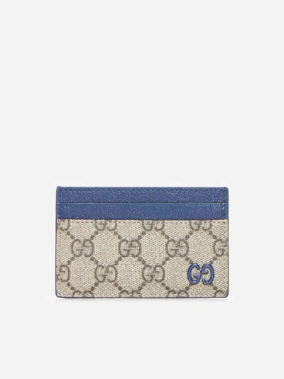 Gucci Gg Fabric And Leather Card Case In Beige,ebony,royal Blue