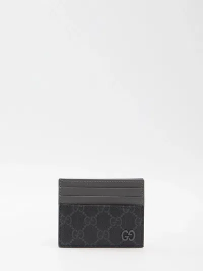 Gucci Gg Fabric And Leather Card Holder In Black