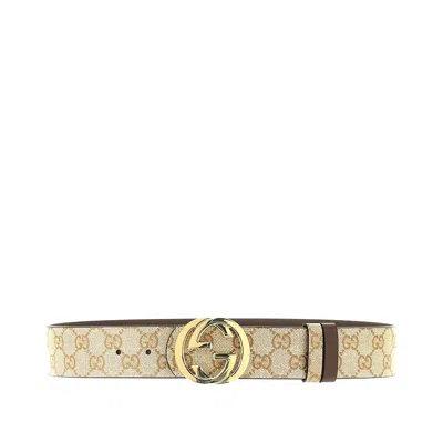 Gucci Gg Fabric And Leather Reversible Belt In Beige