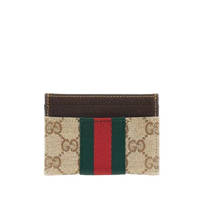 Gucci Gg Fabric Card Holder With Web Ribbon In Sand