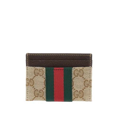Gucci Gg Fabric Card Holder With Web Ribbon In Sand