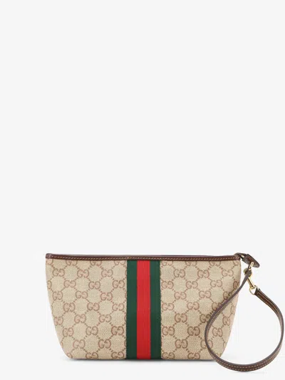 Gucci Gg Fabric Clutch With Nastro Web On The Front In Sand