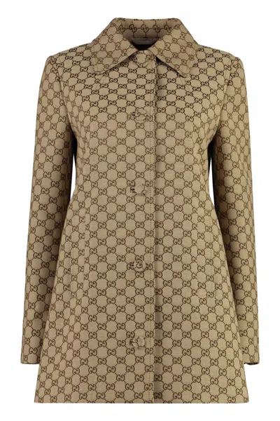 Gucci Gg Fabric Coat In Camel