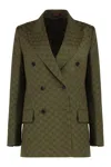 Gucci Green Double-breasted Jacket With Peak Revers In Gg Canvas Woman In Green