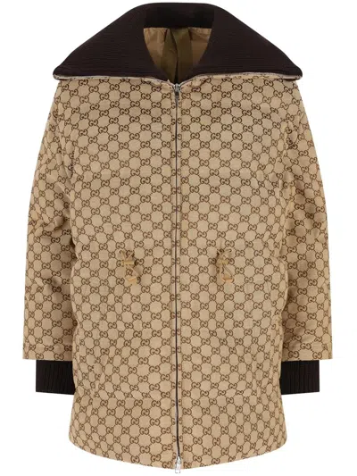 Gucci Gg Fabric Down Jacket In Brown
