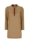 Gucci Beige Crewneck Mini Dress With Horsebit On The Front In Gg Canvas Woman In Beige