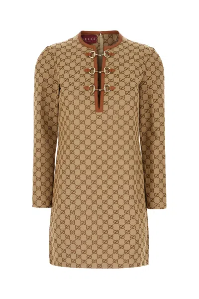 Gucci Cotton Blend Dress With All-over Gg Print In Brown