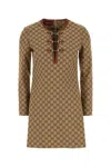 Gucci Beige Crewneck Mini Dress With Horsebit On The Front In Gg Canvas Woman