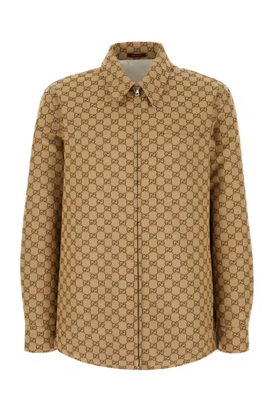 Gucci Beige Jacket With Classic Collar And Front Zip Closure In Gg Canvas Man In Brown
