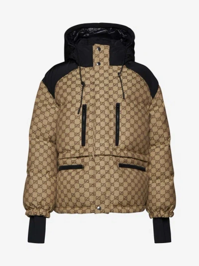 Gucci Gg-canvas Cropped Puffer Jacket In Camel,ebony,black