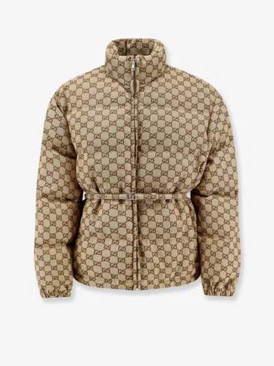 Gucci Gg Fabric Padded Jacket With Belt In Neutral