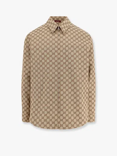 Gucci Gg Fabric Padded Overshirt Jacket In Beige