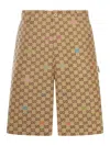 Gucci Men Beige Bermuda Pants With Belt Loops In Gg Canvas Man In Brown