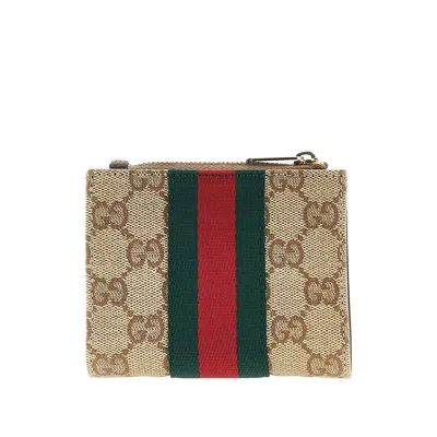 Gucci Gg Fabric Wallet With Web Ribbon In Sand