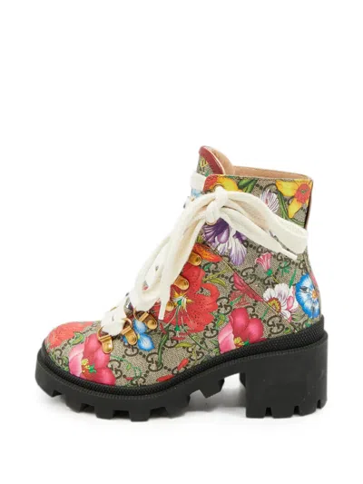 Pre-owned Gucci Gg Flora Ankle Boots In Neutral