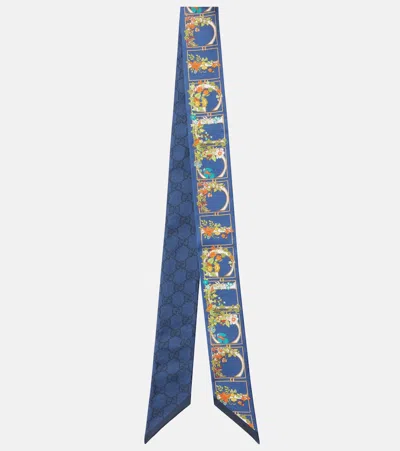 Gucci Gg Floral Printed Silk Scarf In Blue