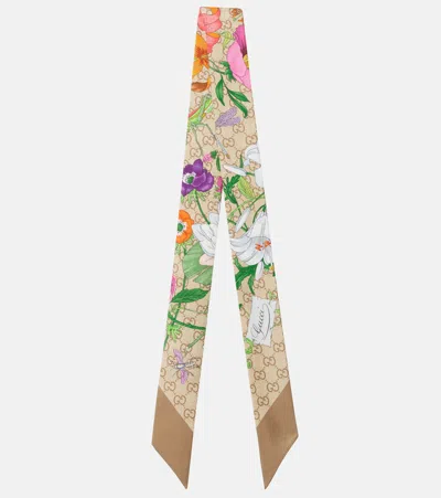 Gucci Gg Floral Silk Jacquard Scarf In Brown