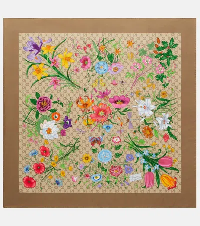 Gucci Gg Floral Silk Twill Scarf In Brown