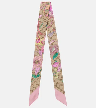 Gucci Gg Floral Silk Twill Scarf In Pink