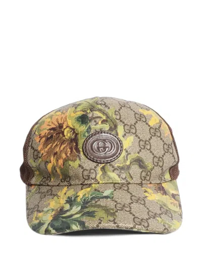 Pre-owned Gucci Gg Floral-print Cap In Brown