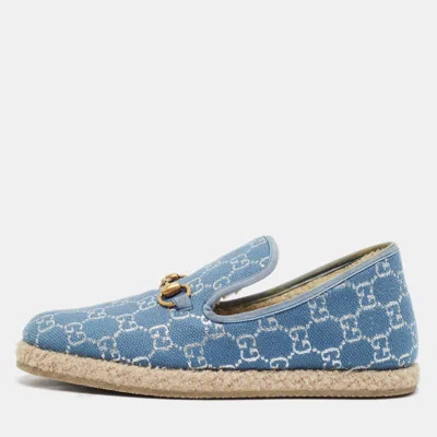 Pre-owned Gucci Gg Fria Horsebit Size 40 Blue Canvas Slip On Loafers