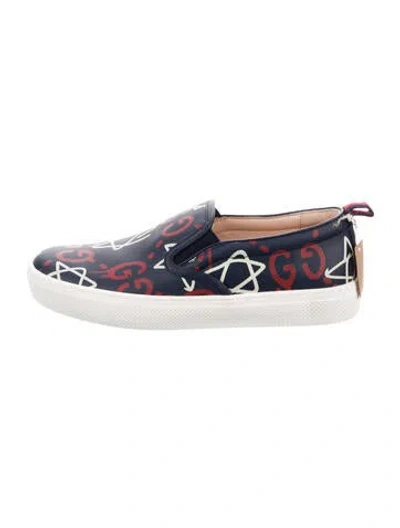 Pre-owned Gucci Gg Graffiti Leather Loafer Sneakers In Blue