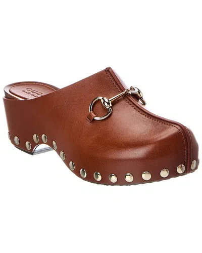 Gucci Gg Horsebit Leather Mule In Brown