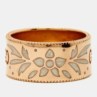Pre-owned Gucci Gg Icon Blossoms Enamel 18k Rose Gold Wide Band Size 53