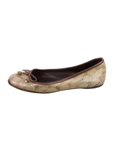 Pre-owned Gucci Gg Imprimé Bow Accents Ballet Flats In Brown