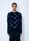 Gucci Blue Sweater With Gg Intarsia Knit In Wool Blend Man In Navy