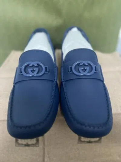 Pre-owned Gucci Gg Interlocking Men's Loafer Blue Driver Moccasins Shoes 12/us 12.5