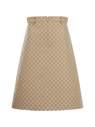 Gucci Gg Cotton Canvas Fabric Skirt In Brown