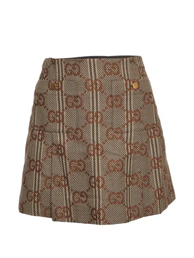 Pre-owned Gucci Gg Jacquard A-line Mini Skirt In Brown