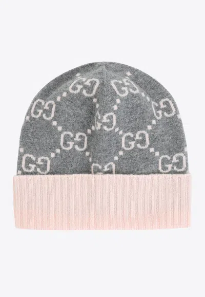 Gucci Grey Pink Logo Beanie Hat In Gray