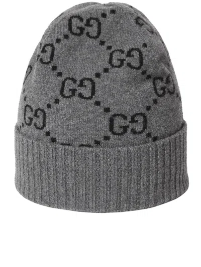 Gucci Gg Jacquard Beanie With Brim And Cuff In Cashmere In Multi