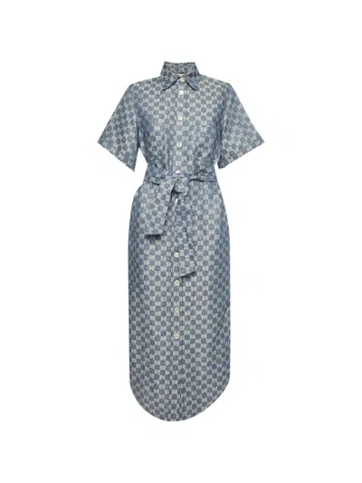 Pre-owned Gucci Gg Jacquard Belted Shirt Midi Dress In Blue
