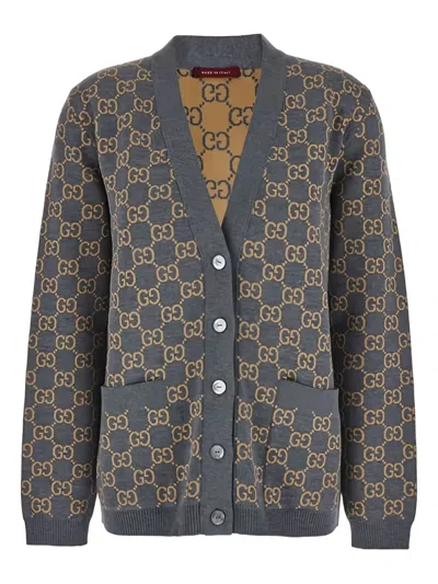 Gucci Grey Reversible Cardigan With V Neck In Gg Canvas Woman In Blue