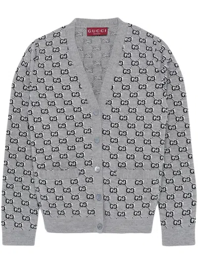 Gucci Wool Jacquard Cardigan With Gg Shadow In Grey