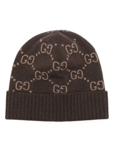 Gucci Gg-jacquard Cashmere Beanie Hat In Brown