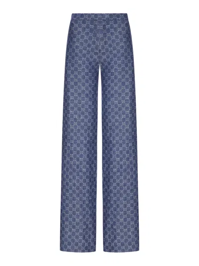 Gucci Gg Jacquard Cotton Denim Trousers In Blue
