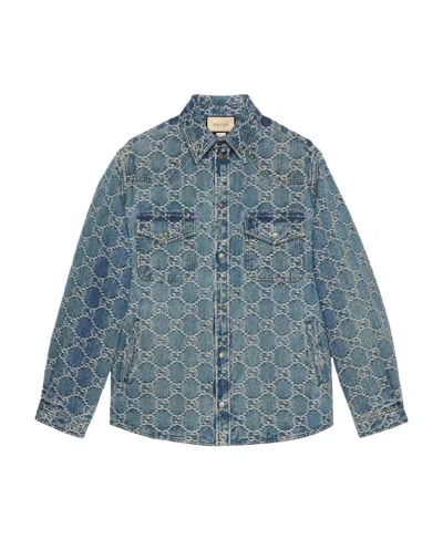 Gucci Cosmogonie Padded Logo-jacquard Denim Overshirt In Blue