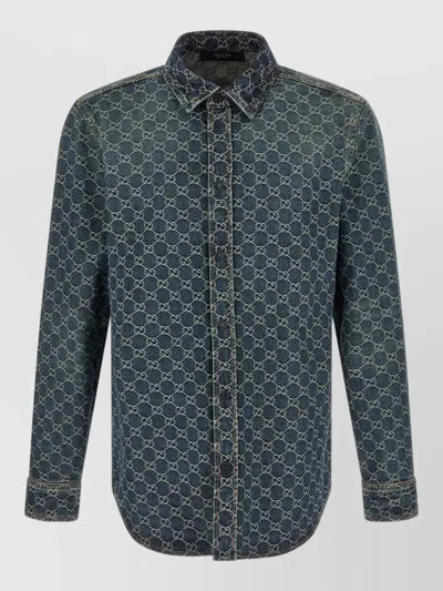 Gucci Gg Jacquard Denim Shirt Long Sleeves In Blue