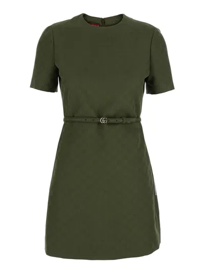 Gucci Women Green Mini Dress With Gg Buckle Belt In Fabric Woman
