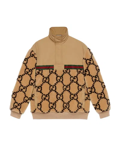 Gucci Gg Jacquard Faux Fur Half-zip Jacket In Nude